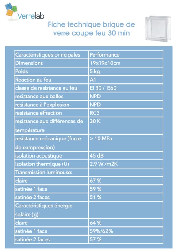 pave de verre coupe feu 30 min dimension 19x19x10cm