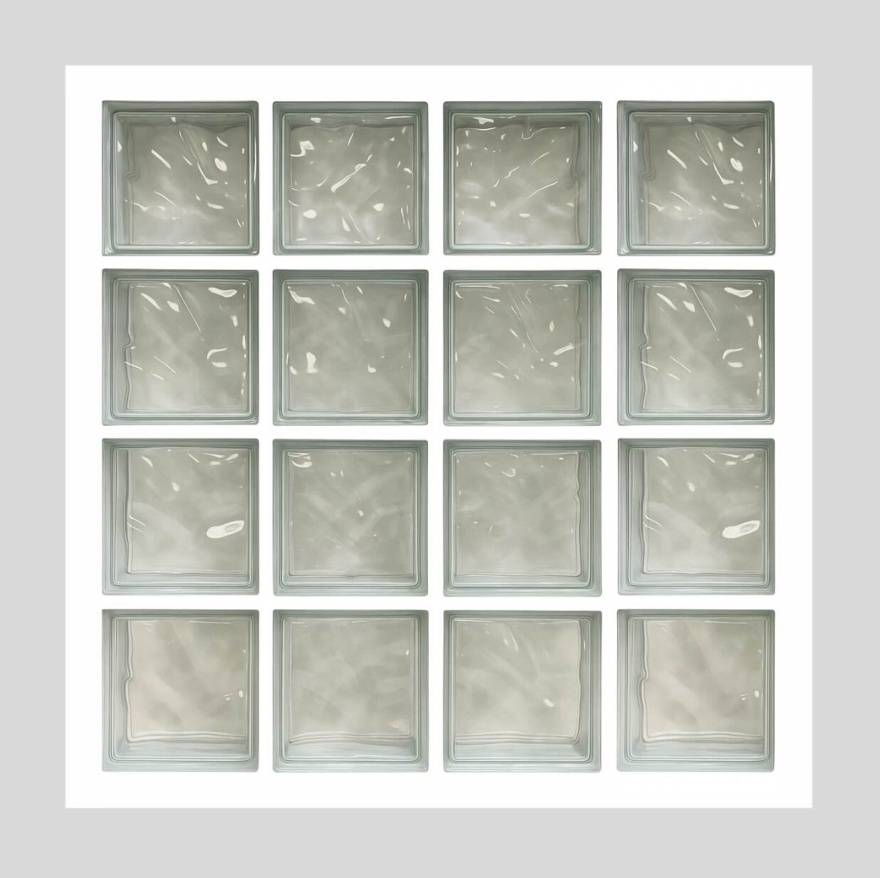 image d'un panneau comportant 16 briques de verre assemblés au mortier avec un motif nuage ondulé