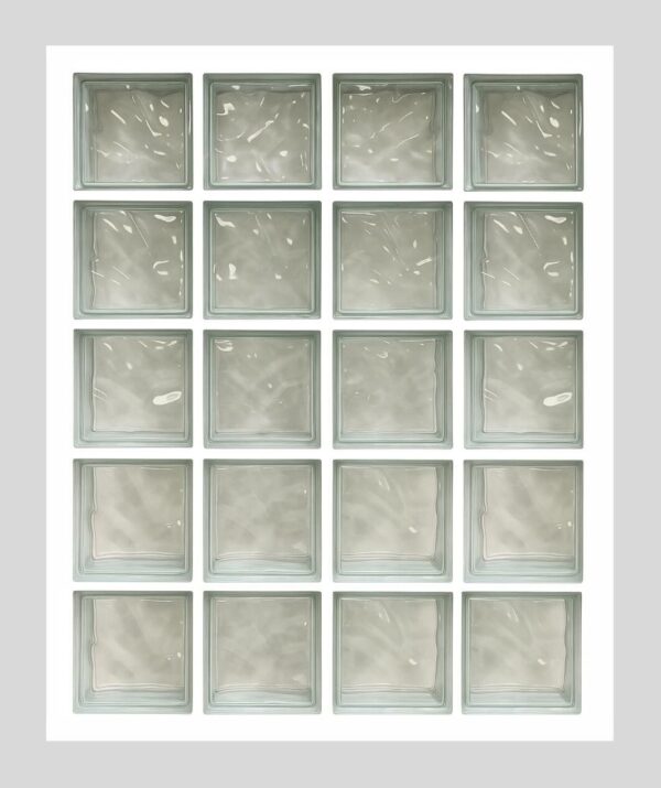 image d'un panneau comportant 20 briques de verre assemblés au mortier avec un motif nuage ondulé