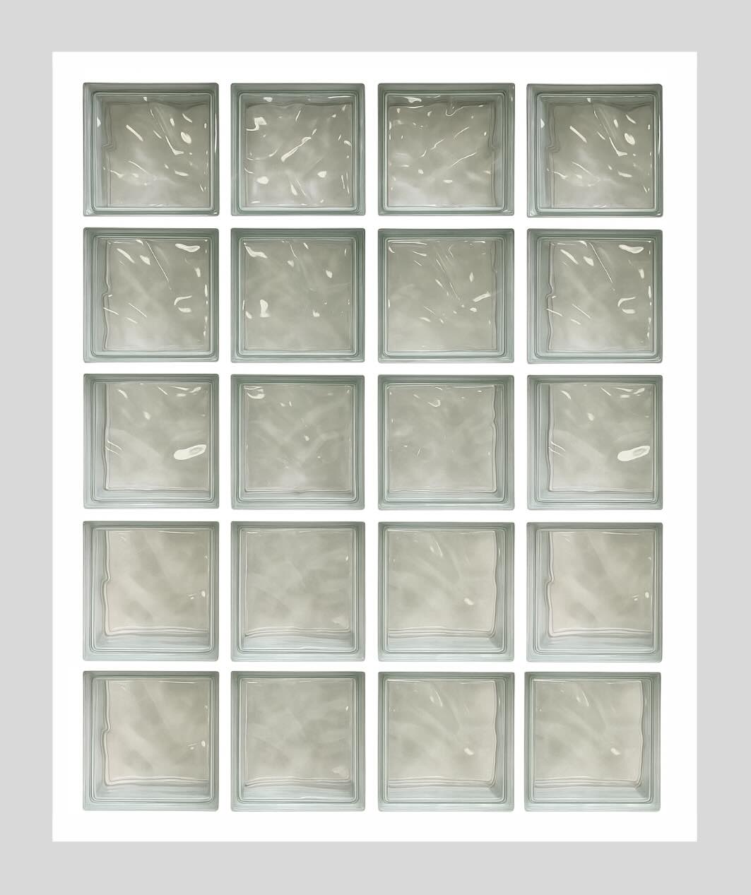 image d'un panneau comportant 20 briques de verre assemblés au mortier avec un motif nuage ondulé