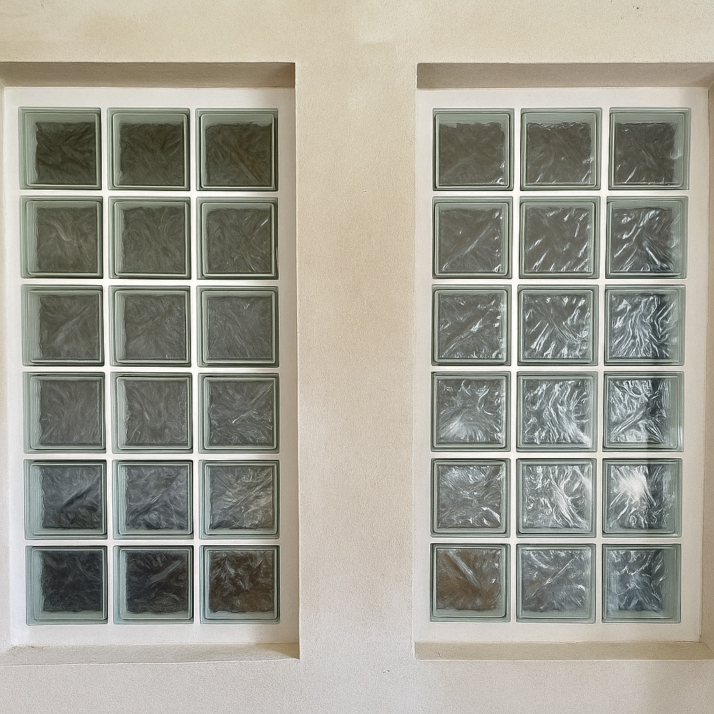 photo de deux panneaux pré-assemblé en briques de verre