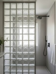 briques de verre dans une cloison de douche