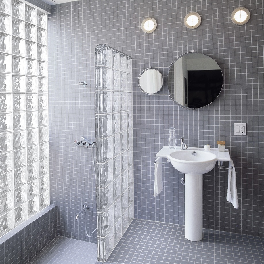 photo d'une salle de bain avec une cloison en briques de verre
