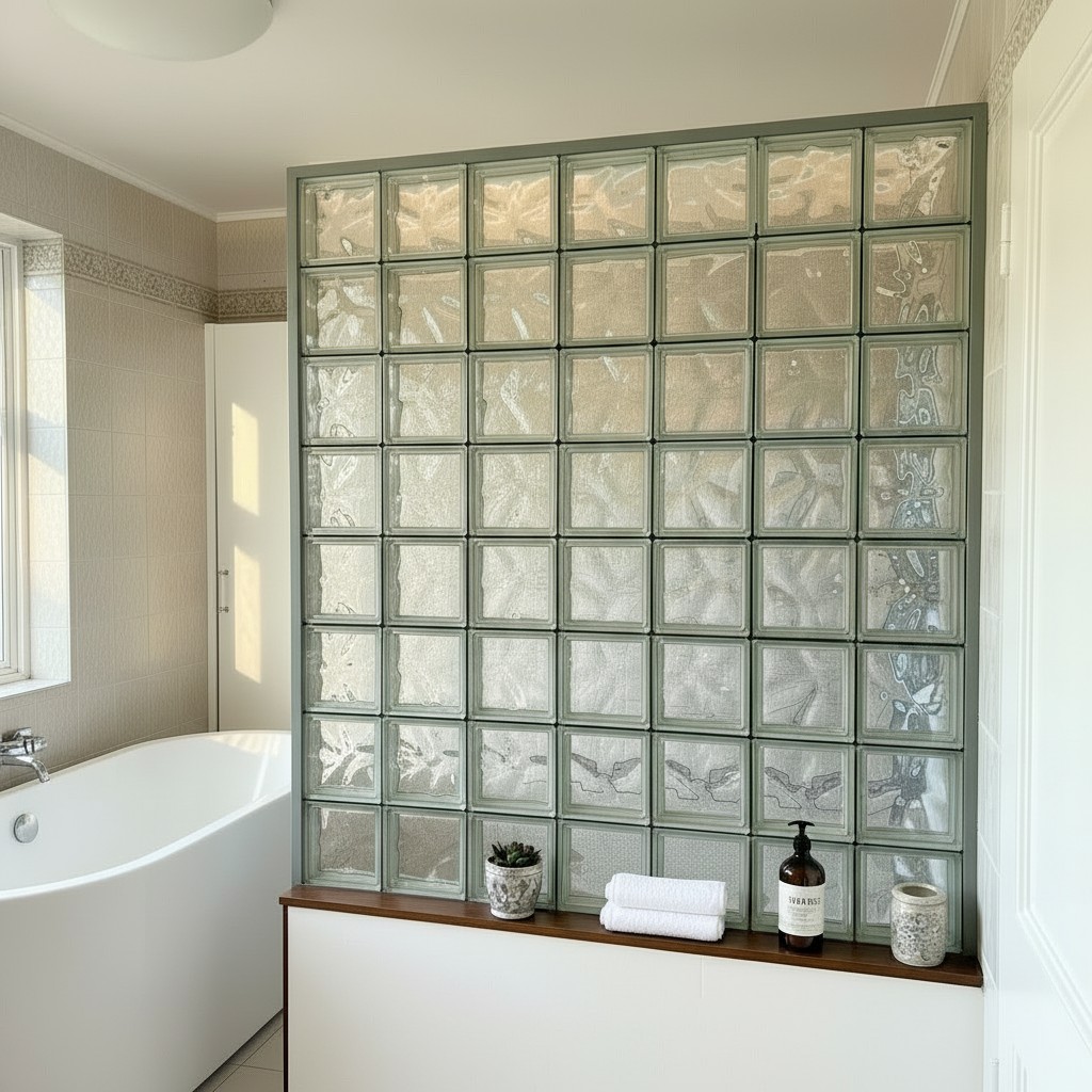 photo d'un mur en carreau de verre translucide dans une salle de bain