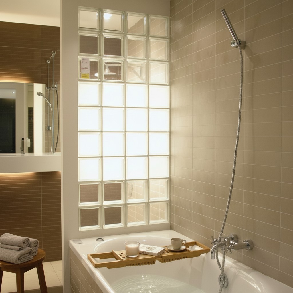 photo d'une paroi de douche en pavés de verre dans une salle de bain