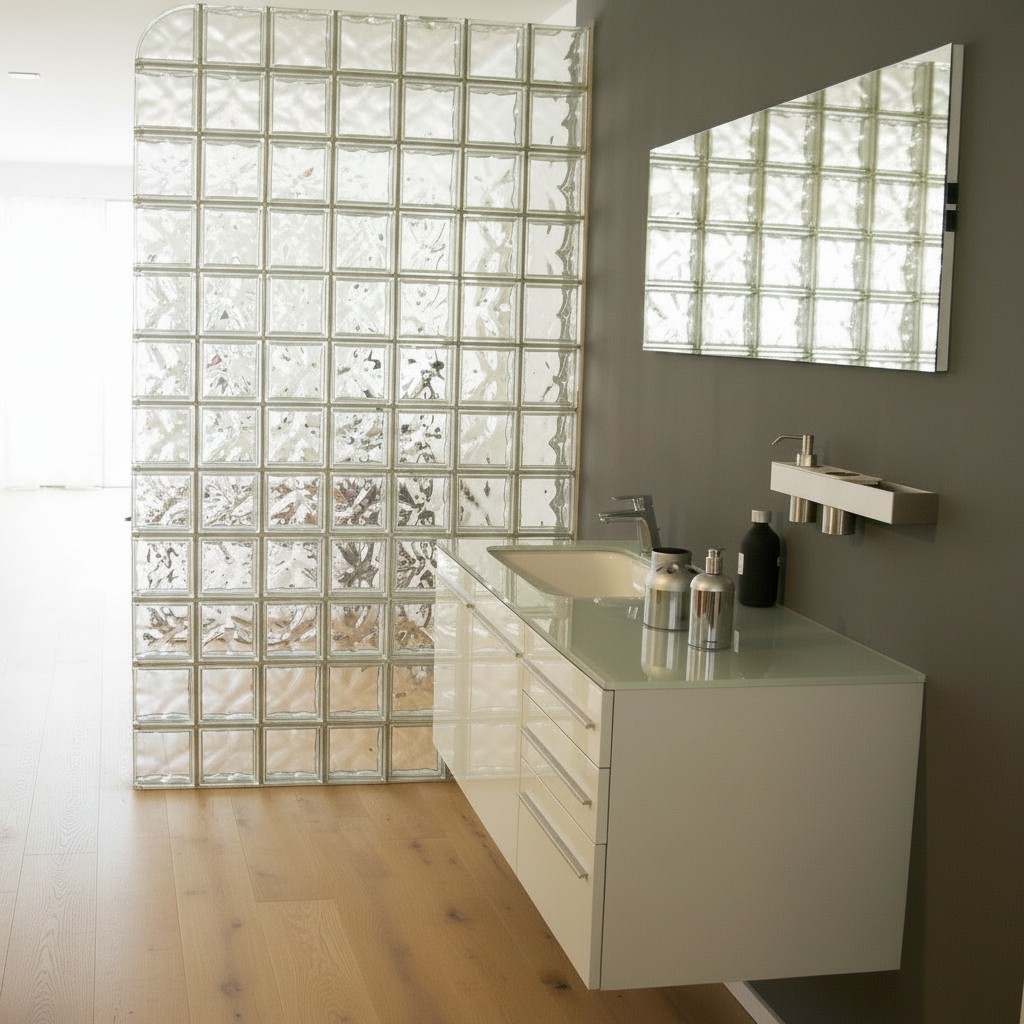 photo d'un mur en pavés de verre dans une salle de bain